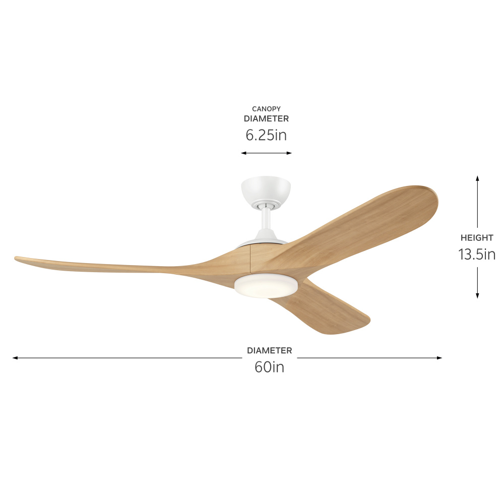 60" Mylo Ceiling Fan with Satin Etch Cased Opal Glass in Matte White with White Maple Wood Blade