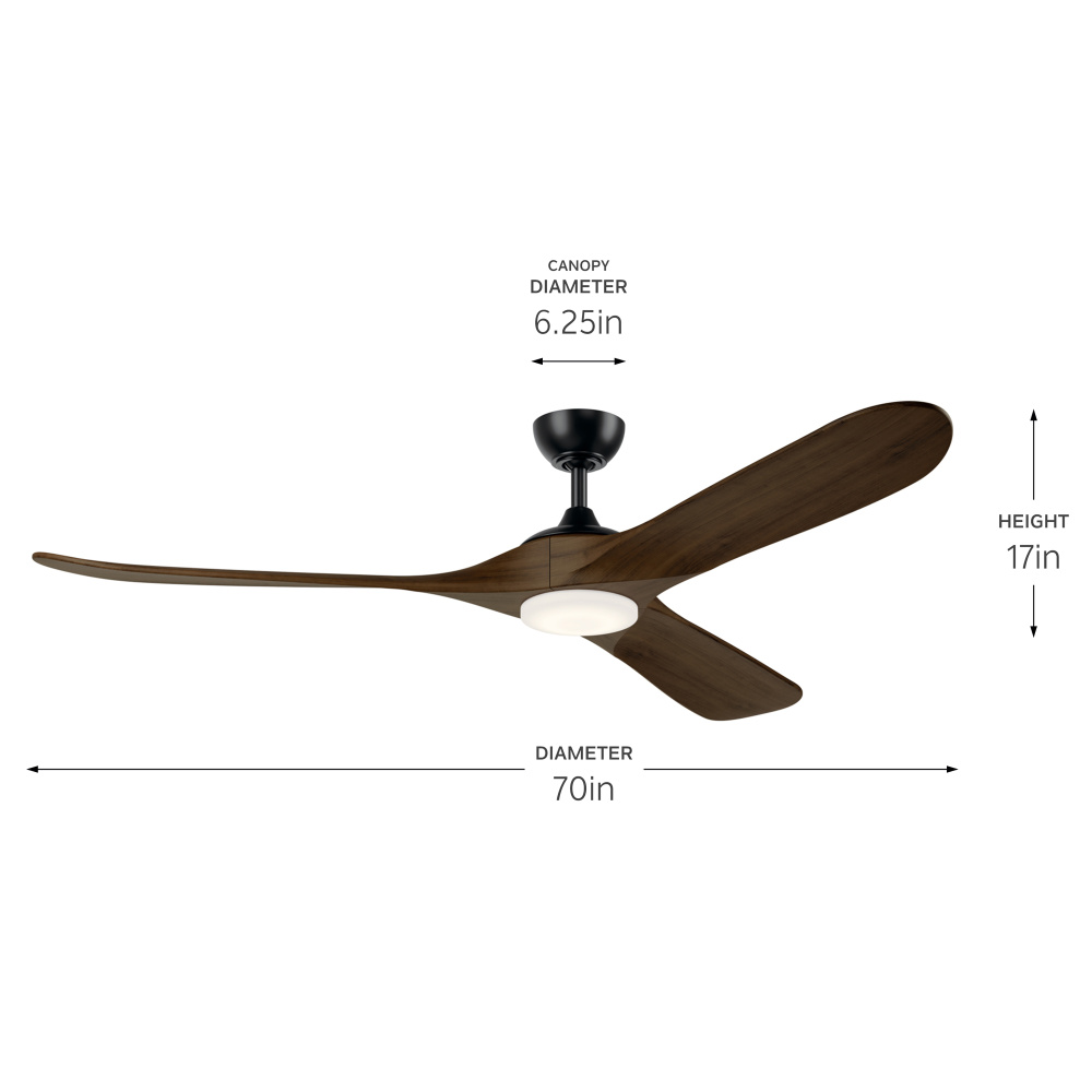 70" Mylo Ceiling Fan with Satin Etch Cased Opal Glass in Satin Black with Aged Walnut Wood Blade