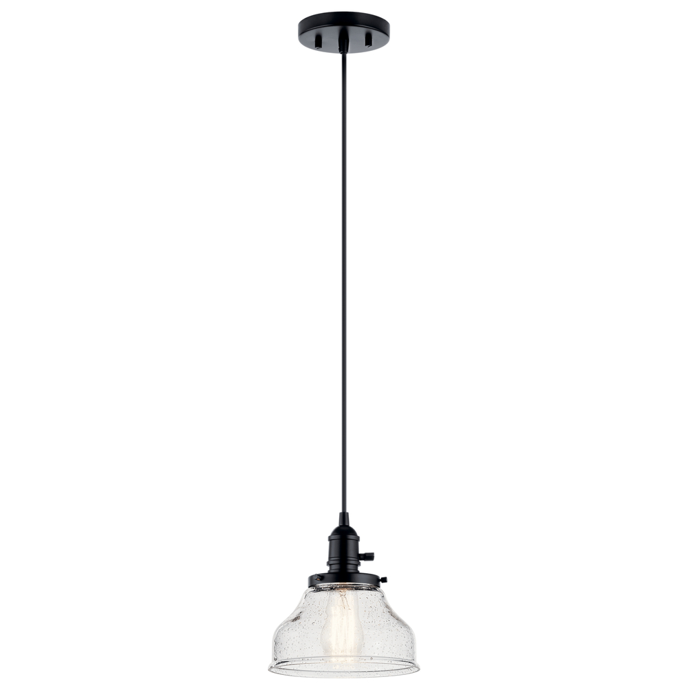 Avery 8.5 Inch 1 Light Bell Mini Pendant with Clear Seeded Glass in Black