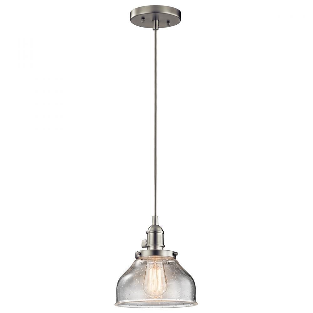 Avery 8.5" 1 Light Bell Mini Pendant with Clear Seeded Glass Brushed Nickel