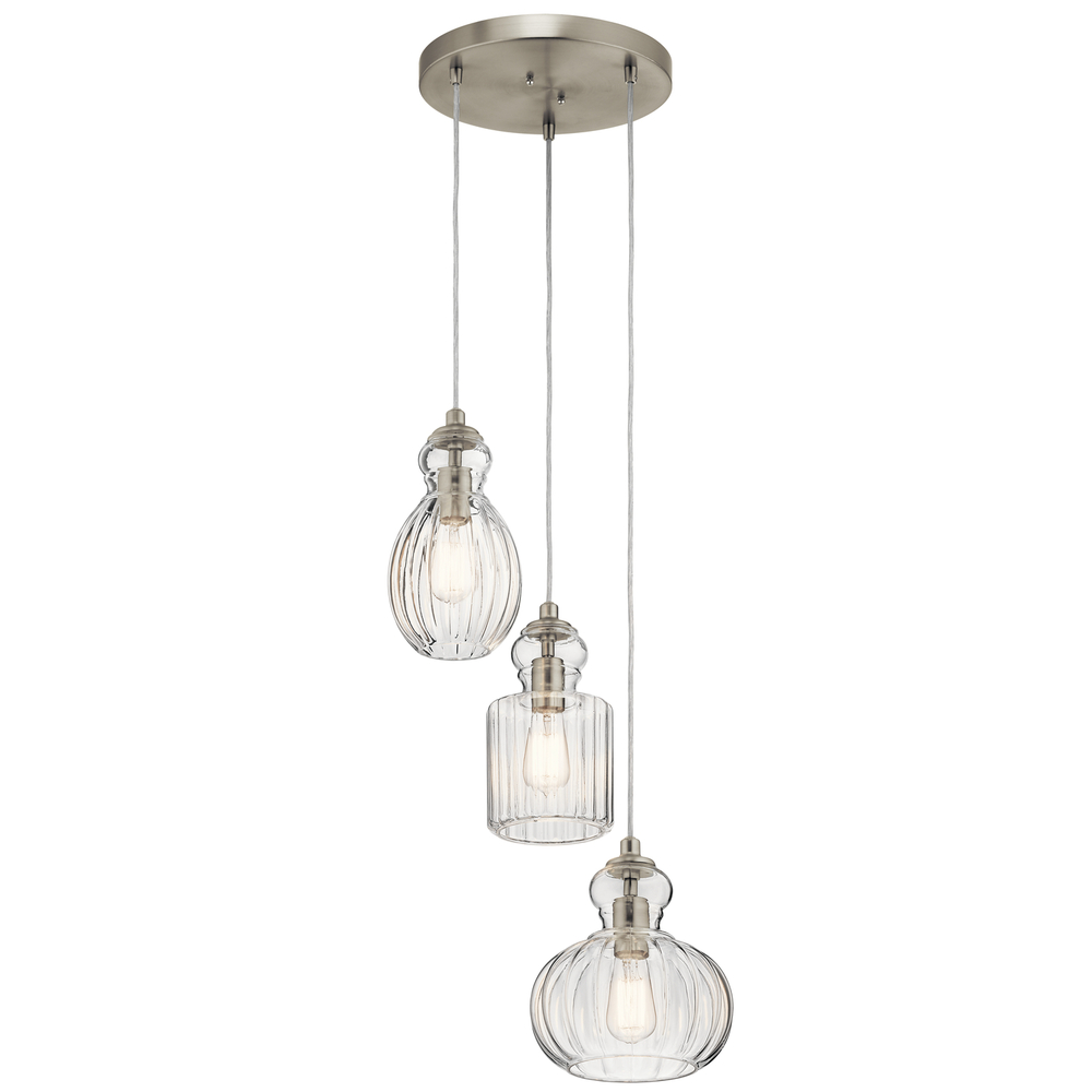 Riviera 10.25" 3 Light Pendant with Clear Ribbed Glass in Brushed Nickel