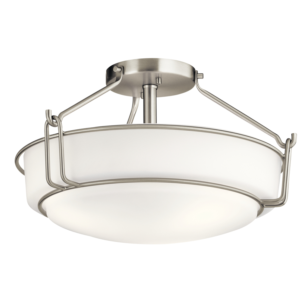 Alkire 16.5" 3 light Semi Flush with Satin Etched White Glass in Brushed Nickel