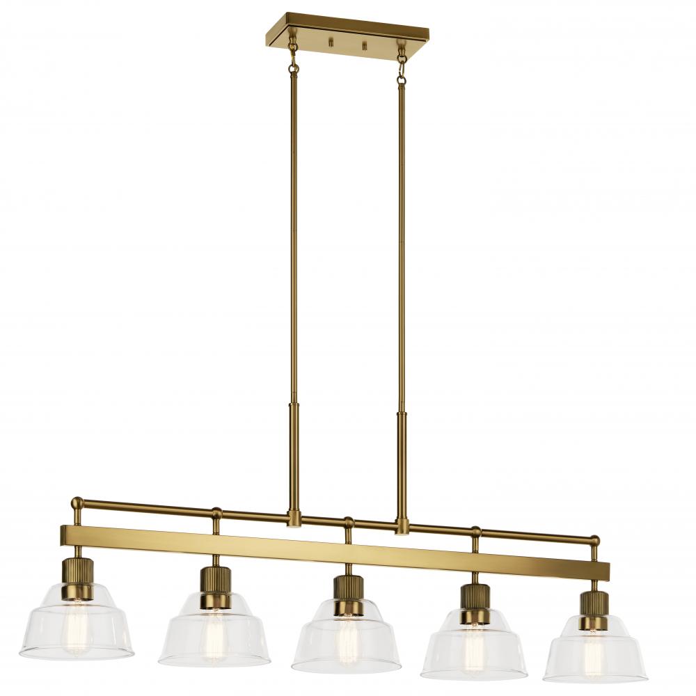 Eastmont 5 Light Linear Chandelier with Clear Glass Brushed Natural Brass and Walnut Wood