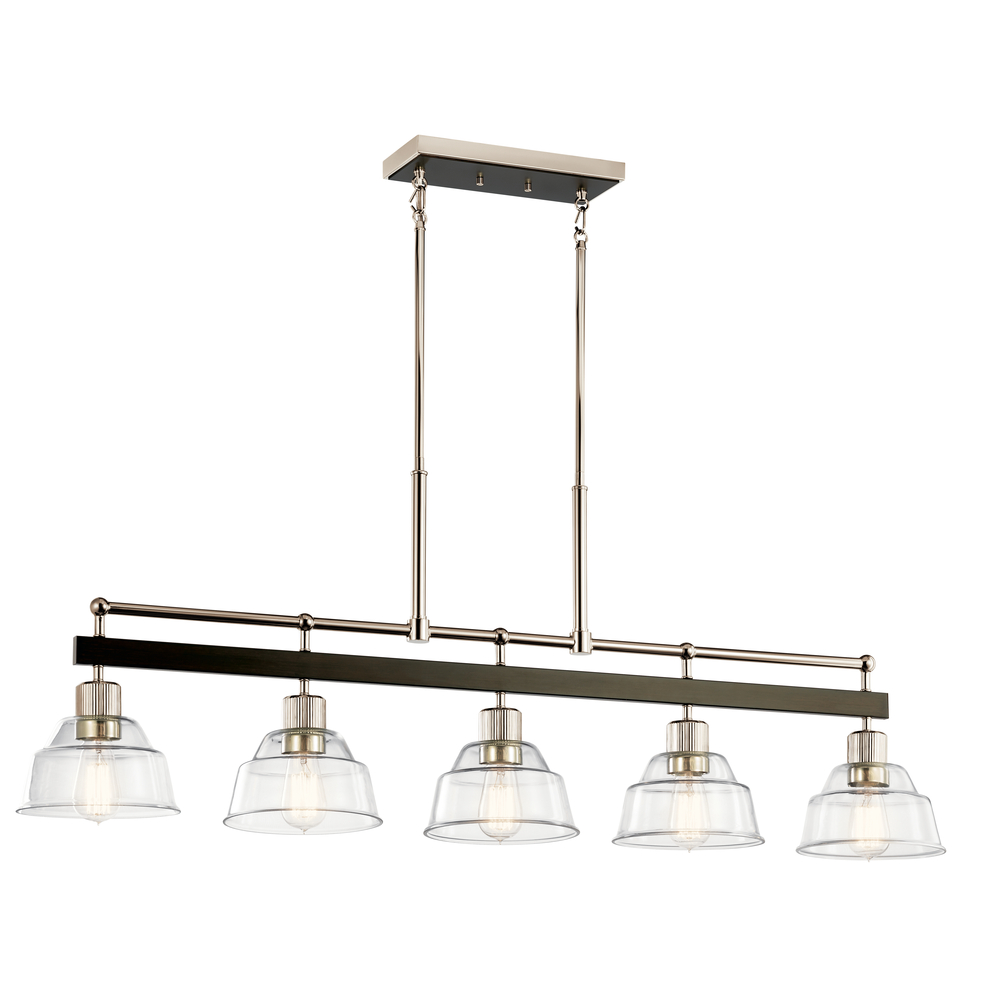 Eastmont 5 Light Linear Chandelier with Clear Glass Polished Nickel and Walnut Wood