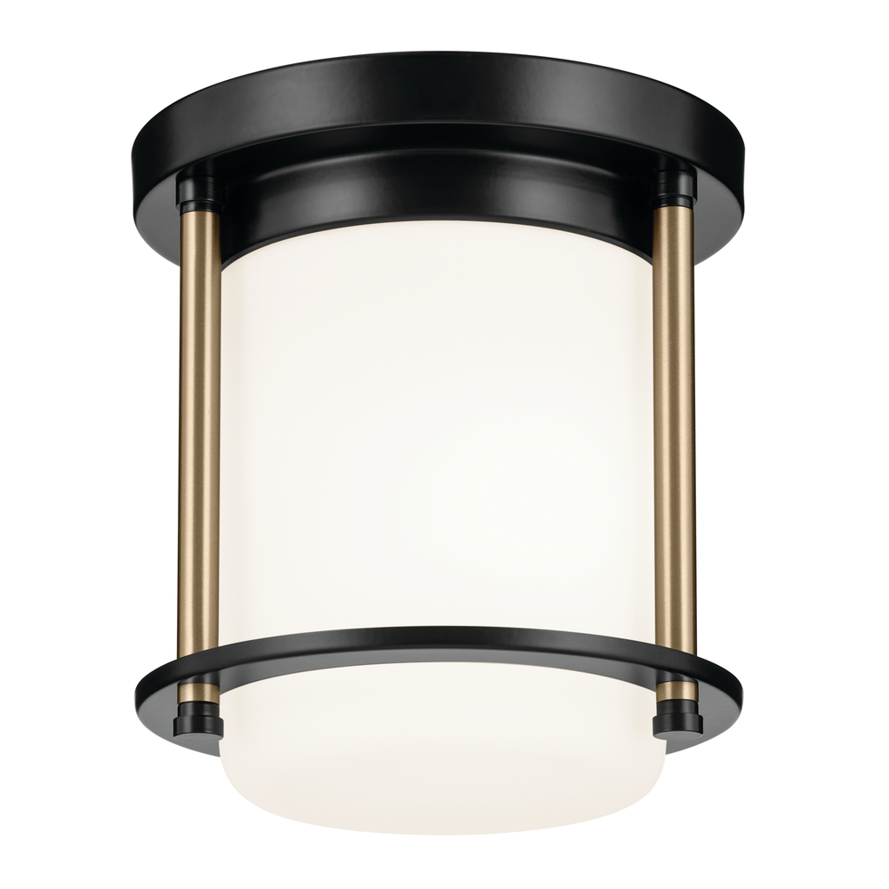 Brit 7.25 Inch 1 Light Flush Mount with Satin Etched Cased Opal Glass in Black and Champagne Bronze