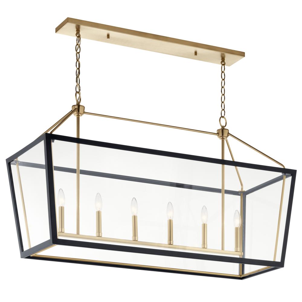 Delvin 44 Inch 6 Light Linear Chandelier with Clear Glass in Champagne Bronze and Black