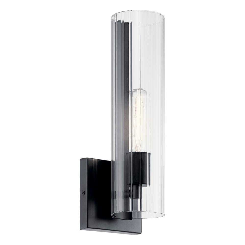 Jemsa 14 Inch 1 Light Wall Sconce with Clear Fluted Glass in Black