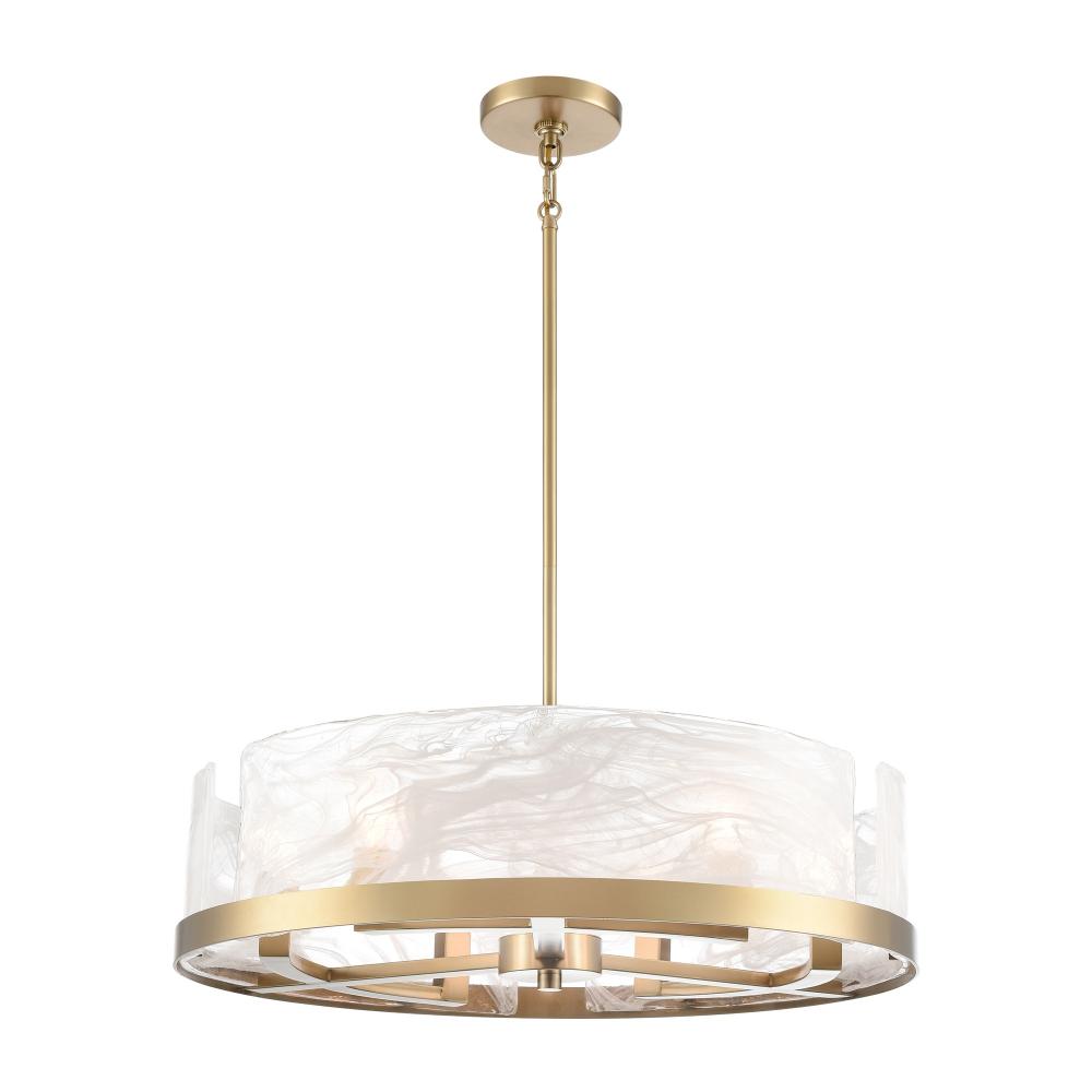 Skye 6 Light Chandelier, Brass with Wispy White Murano Style Glass