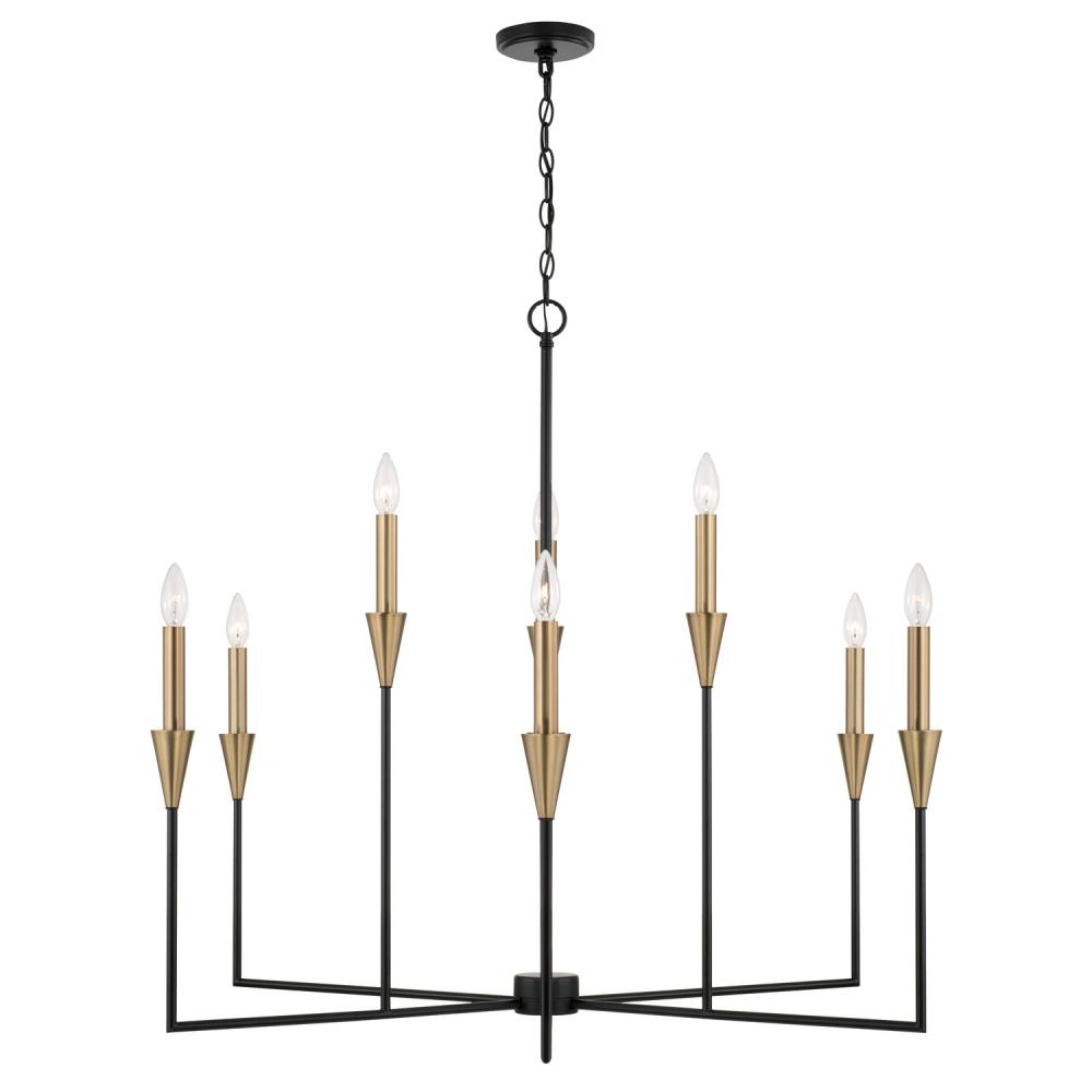 8-Light Chandelier in Black and Aged Brass with Interchangeable White or Aged Brass Candle Sleeves