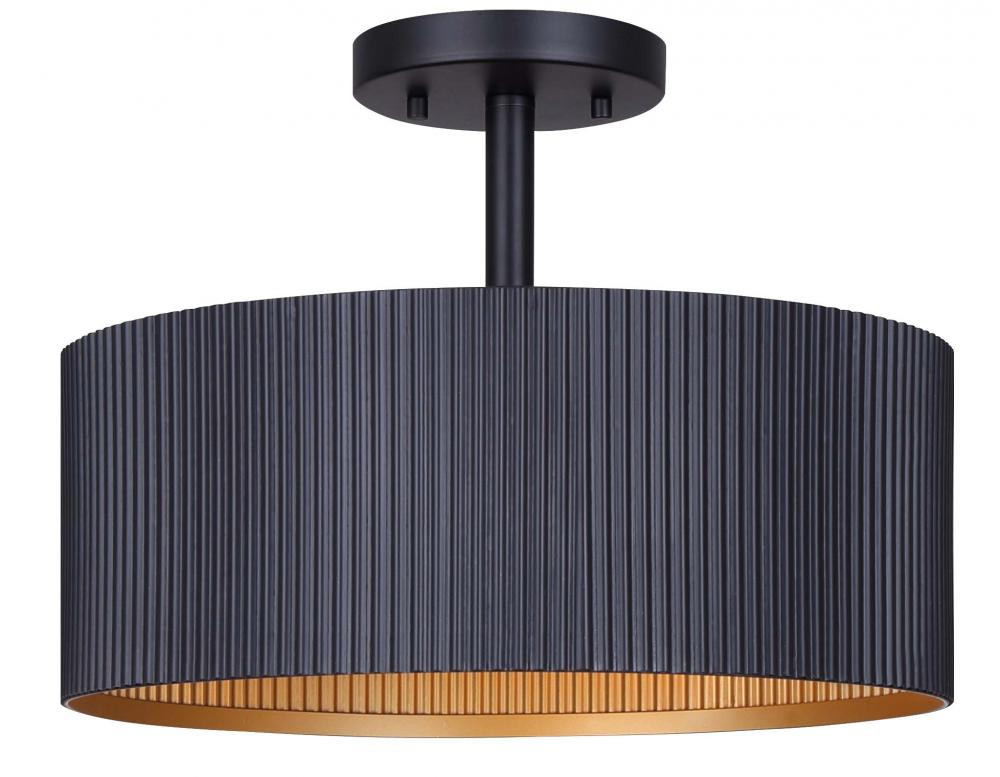 Rexton 13 in. 2-Light 60-Watt Modern Matte Black Semi-Flush Mount with Matte Black and Gold Metal