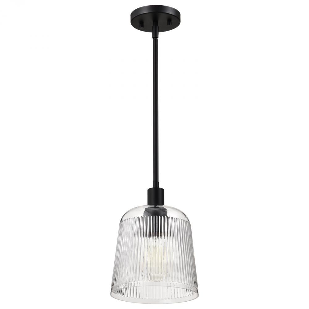 Grayson; Small Pendant; Matte Black Finish; Clear Ribbed Glass